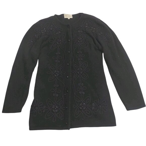 Germaine Sweaters - VTG Germaine Women's Beaded Embellished Black Cardigan Jacket Lambswool Angora L